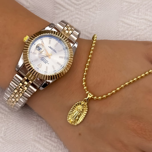 Cadena Tejido Militar de Dama de 45cm + Virgen de Guadalupe Tallada + Reloj Rolex de Dama Garantiazada en Oro Laminado 18k con Garantia de por vida