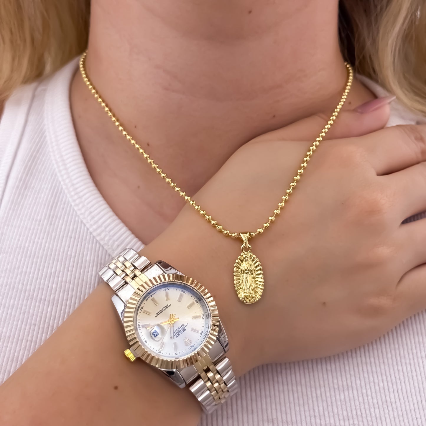 Cadena Tejido Militar de Dama de 45cm + Virgen de Guadalupe Tallada + Reloj Rolex de Dama Garantiazada en Oro Laminado 18k con Garantia de por vida