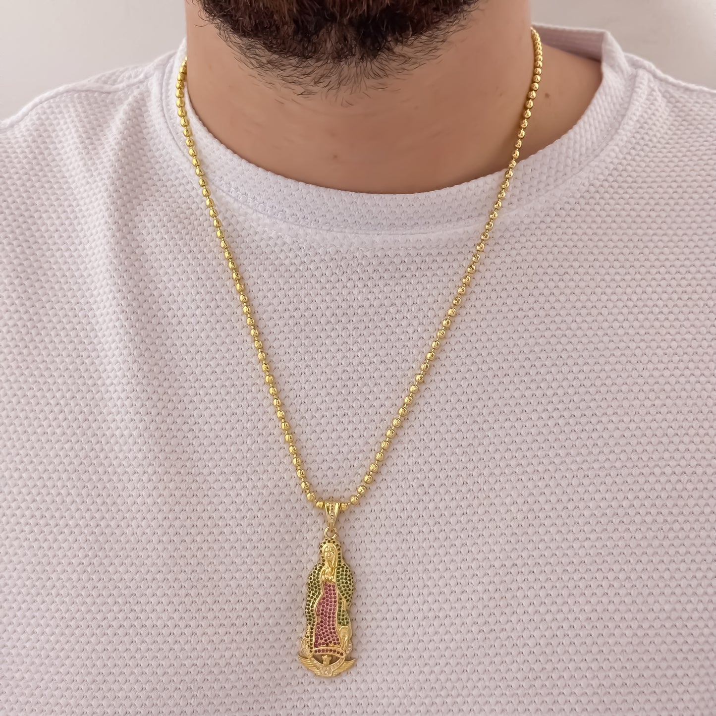 Cadena Tejido Militar Diamantada Hombre de 60cm + Virgen de Guadalupe tallada con Micro Circones en Oro Laminado 18k con Garantía de por vida