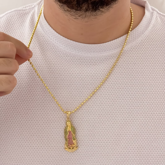 Cadena Tejido Militar Diamantada Hombre de 60cm + Virgen de Guadalupe tallada con Micro Circones en Oro Laminado 18k con Garantía de por vida