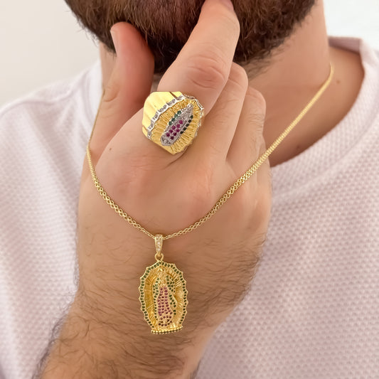 Cadena Tejido Chino de Hombre de 60cm de 3mm + Virgen de Guadalupe con Micro circones de Colores + Anillo Virgen de Guadalupe de colores en Oro Laminado 18k con Garantia de por vida