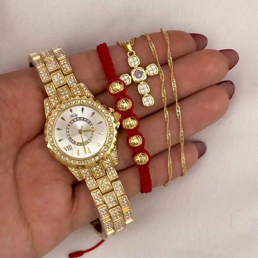 Cadena Tejido Singapur de Dama de 45cm + Cruz con Micro Circones Cristales + Pulsera  Hilo Rojo Balin italiano