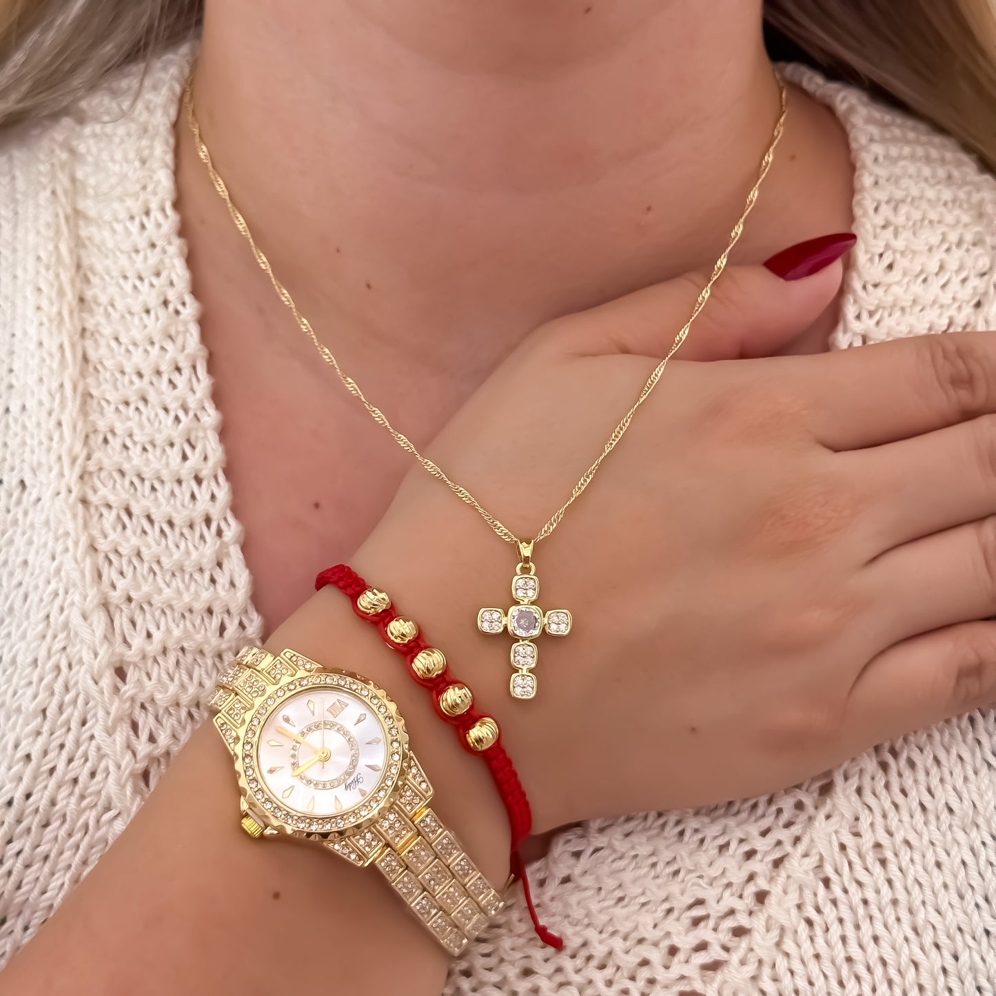 Cadena Tejido Singapur de Dama de 45cm + Cruz con Micro Circones Cristales + Pulsera  Hilo Rojo Balin italiano
