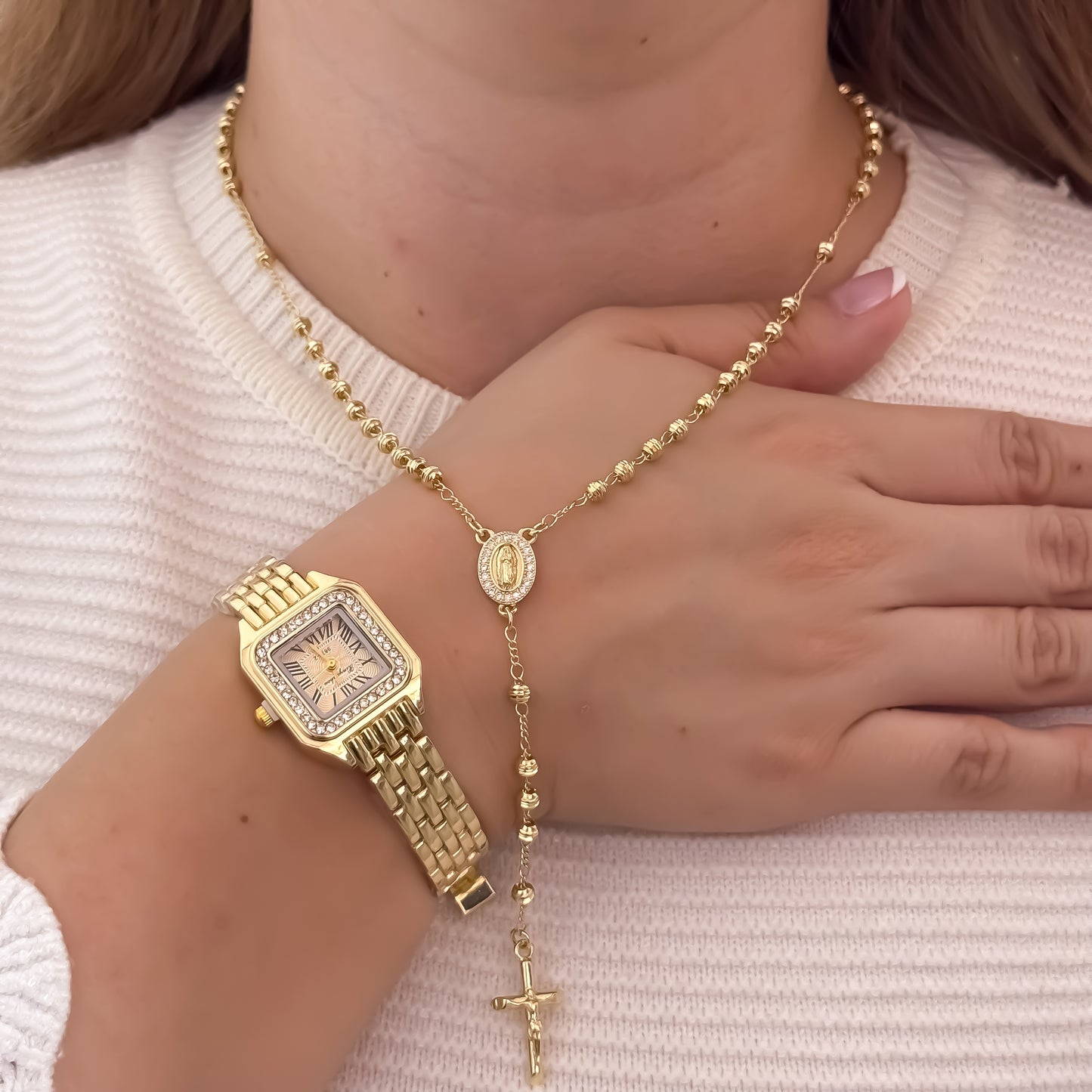 Camandula de Virgen de Guadalupe par Dama en Balin Italiano de 5mm + Reloj de Dama Tipo Catier con Circones en Oro Laminado 18k con Garantia de por vida