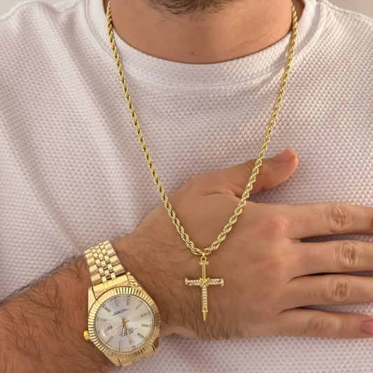 Cadena Tejido Lazo Siciliano 60cm de 5mm + Cruz Cristo Clavo Micro Circones + Reloj Rolex Replica 1.1 en Oro Laminado 18k con Garantía de por vida