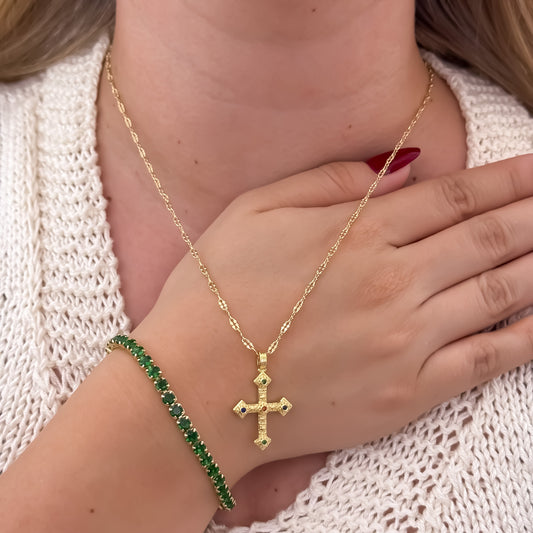 Cadena Tejido Crispeta de Dama de 45cm + Cruz Miro Circones de Colores + Pulsera Tennis Verde Esmeralda en Oro Laminado 18k con Garantia de por vida