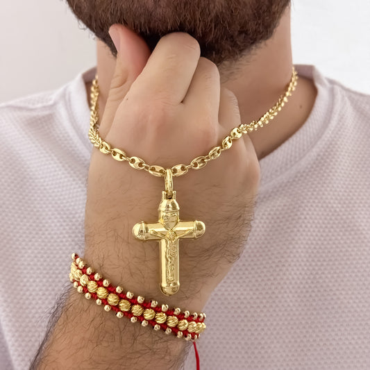 Cadena Tejido Gucci de Hombre de 60cm de 5mm + Dije de Cristo Madero Grande + Pulsera 3 Carriles en Hilo Rojo en Balin Italiano de 6mm y 4mm en Oro Laminado 18k con Garantia de por vida