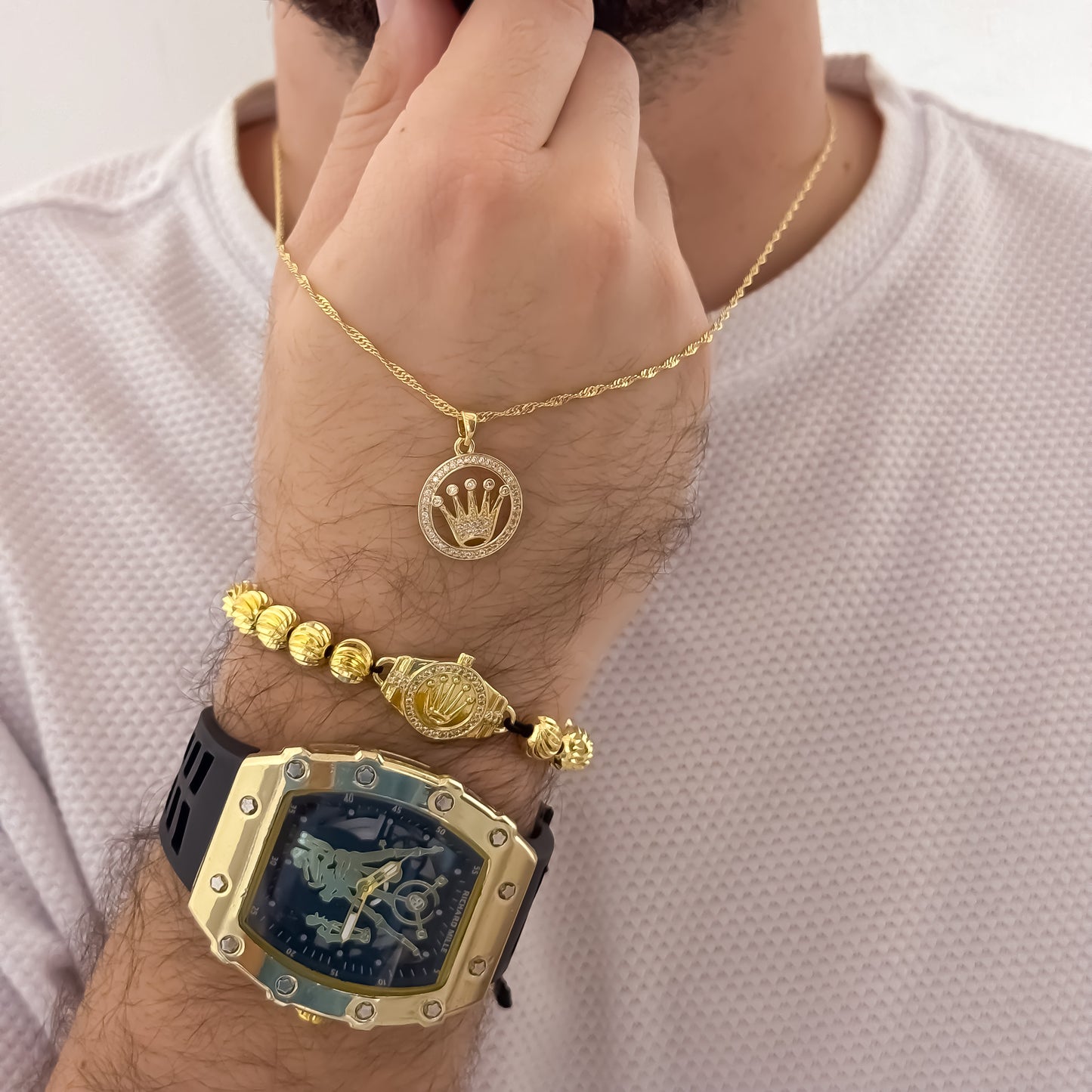 Cadena Tejido Singapur de Hombre de 60cm de 2mm + Corona Rolex Micro Circones + Pulsera Rolex Balin Italiano 6mm + Reloj Richard en Oro Laminado 18k con Garantia de por vida