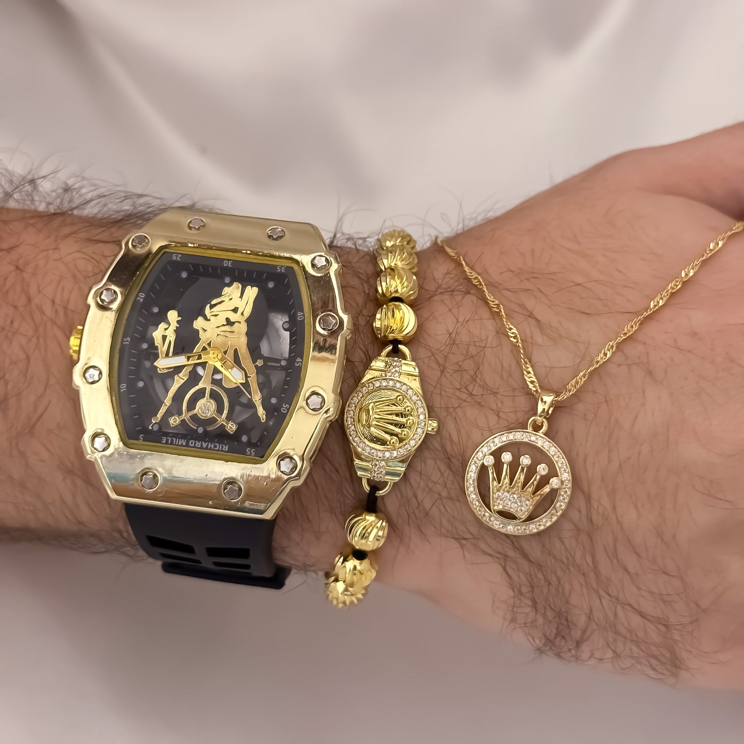 Cadena Tejido Singapur de Hombre de 60cm de 2mm + Corona Rolex Micro Circones + Pulsera Rolex Balin Italiano 6mm + Reloj Richard en Oro Laminado 18k con Garantia de por vida
