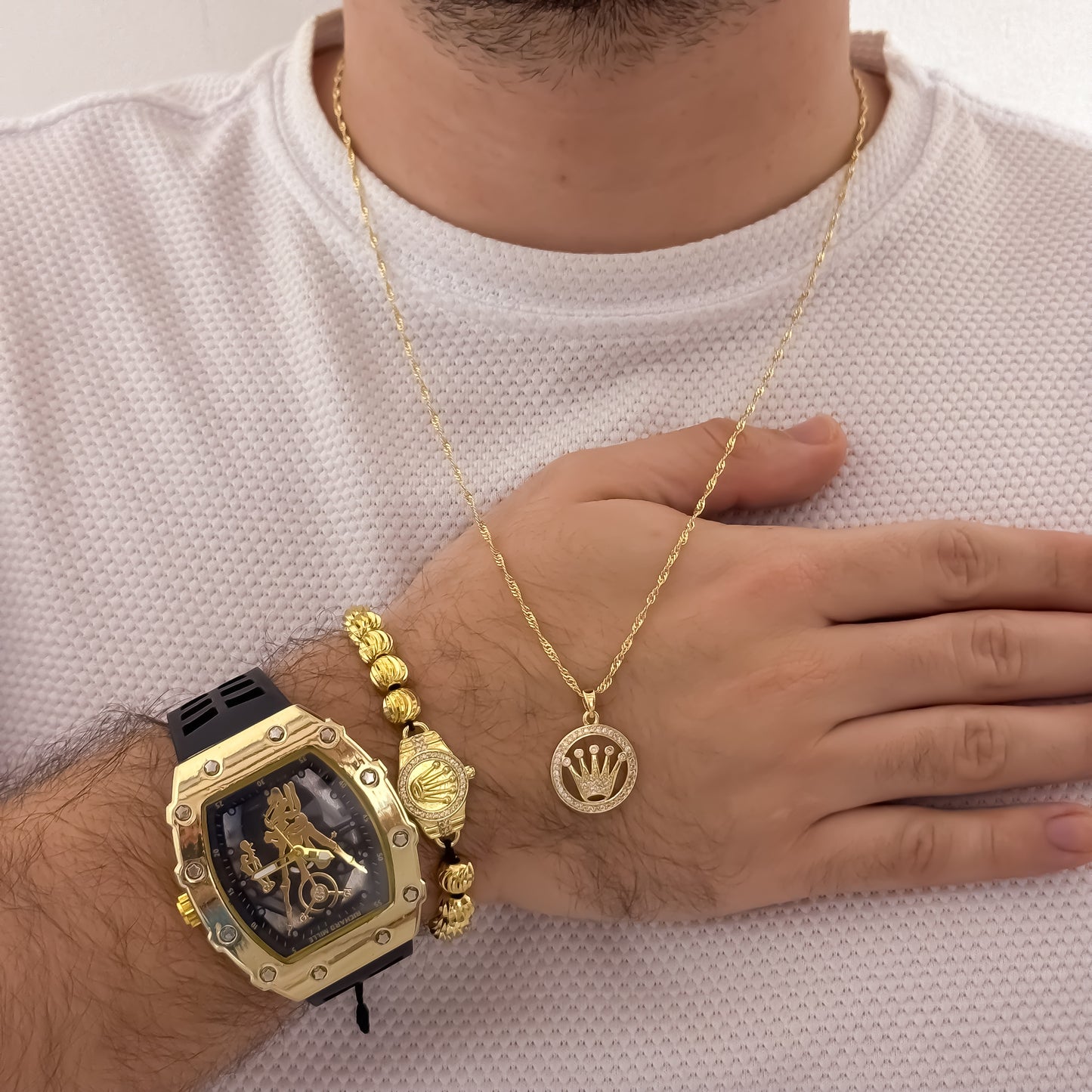 Cadena Tejido Singapur de Hombre de 60cm de 2mm + Corona Rolex Micro Circones + Pulsera Rolex Balin Italiano 6mm + Reloj Richard en Oro Laminado 18k con Garantia de por vida