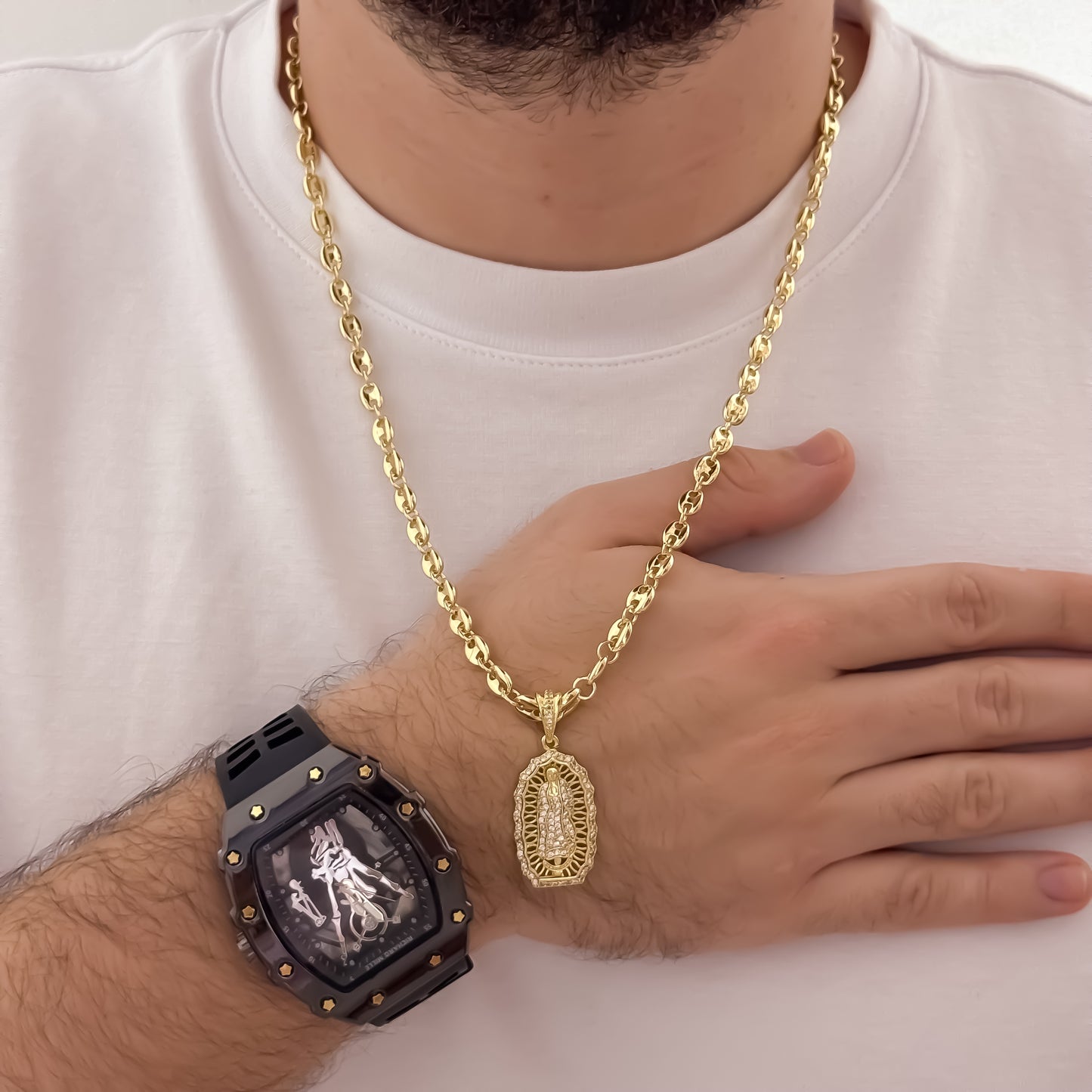 Cadena Tejido Gucci de Hombre de 60cm de 5mm + Virgen de Guadalupe Talla Micro Circones Cristales en Oro Laminado 18k con Garantía de por vida + Reloj Richard