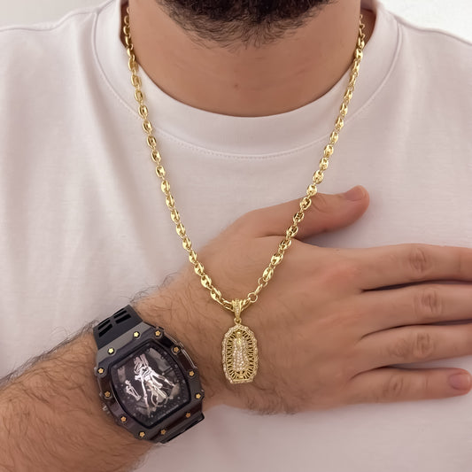 Cadena Tejido Gucci de Hombre de 60cm de 5mm + Virgen de Guadalupe Talla Micro Circones Cristales en Oro Laminado 18k con Garantía de por vida + Reloj Richard