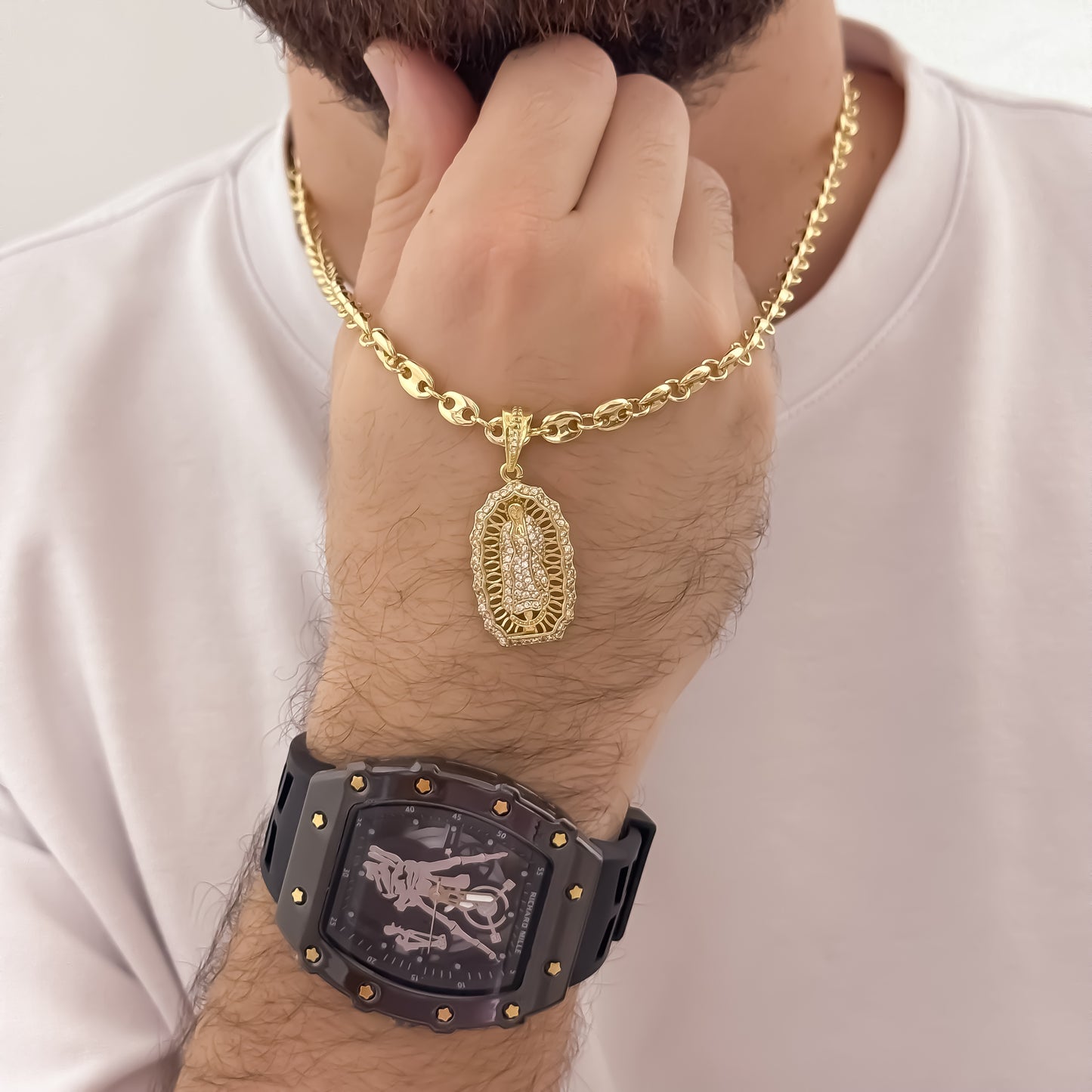 Cadena Tejido Gucci de Hombre de 60cm de 5mm + Virgen de Guadalupe Talla Micro Circones Cristales en Oro Laminado 18k con Garantía de por vida + Reloj Richard