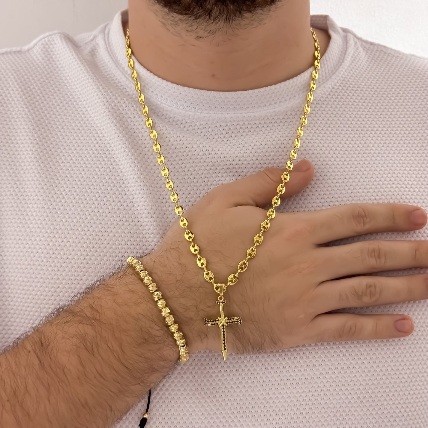 Cadena Tejido Gucci de Hombre de 60cm de 5mm + Cruz Cristo Clavo con Micro Circones Negro + Pulsera Italiana de 6mm en Oro Laminado 18k con Garantia de por vida