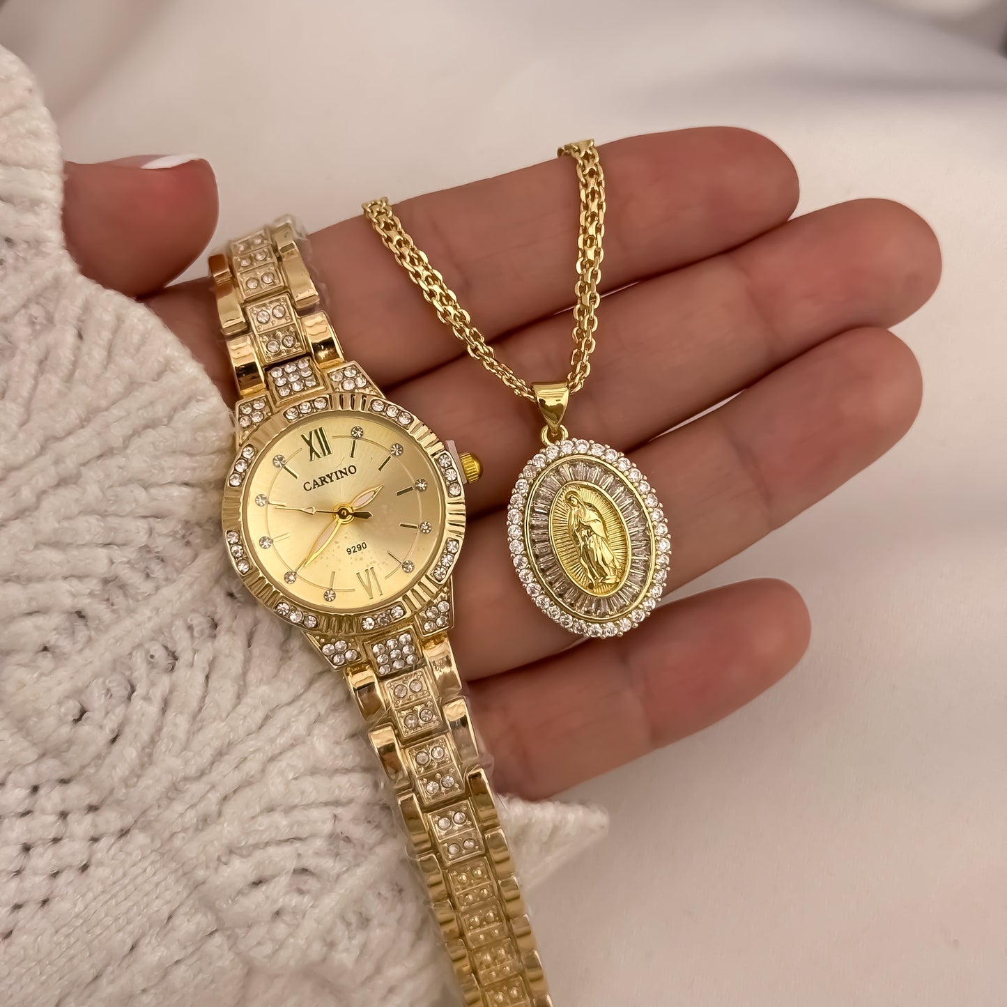 Cadena Tejido Chino de Dama de 45cm de 3mm + Virgen de Guadalupe con Micro Circones Cristales + Reloj de Dama en Oro Laminado 18k con Garantia de por vida