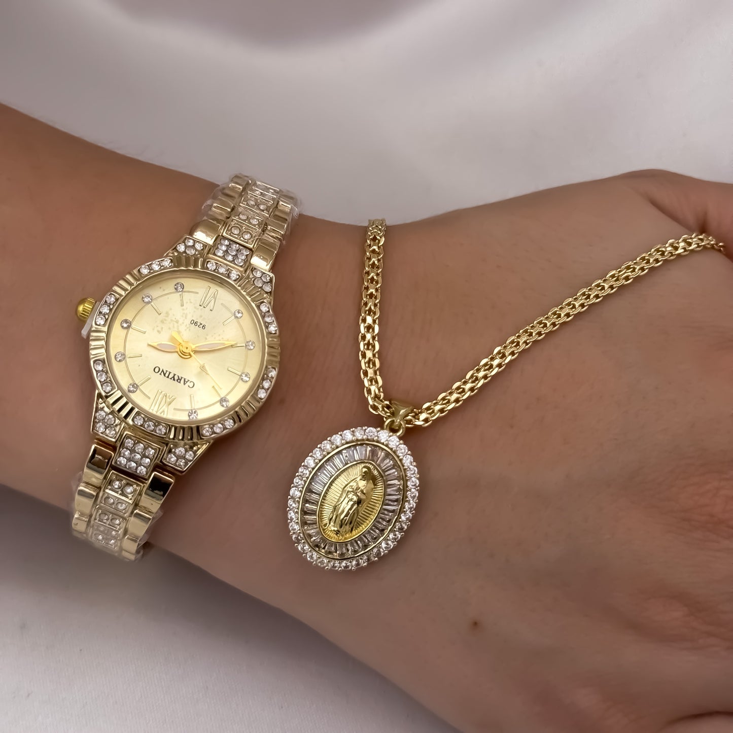 Cadena Tejido Chino de Dama de 45cm de 3mm + Virgen de Guadalupe con Micro Circones Cristales + Reloj de Dama en Oro Laminado 18k con Garantia de por vida