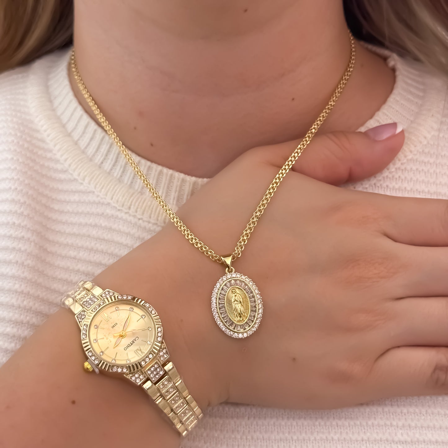 Cadena Tejido Chino de Dama de 45cm de 3mm + Virgen de Guadalupe con Micro Circones Cristales + Reloj de Dama en Oro Laminado 18k con Garantia de por vida