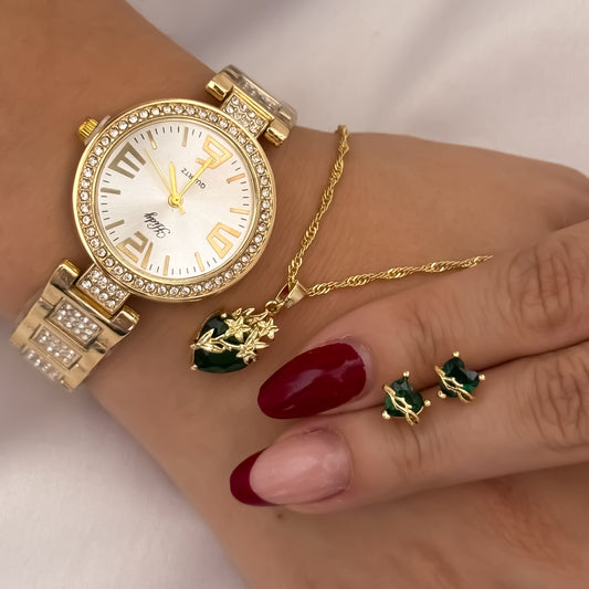 Cadena Tejido Singapur de Dama de 45cm + Corazon de Jesus Verde Esmeralda + Topos de Corazon de Jesús Verde Esmeralda en Oro Laminado 18k con Garantía de por vida + Reloj de Dama con Micro Circones Cristales en Oro Laminado