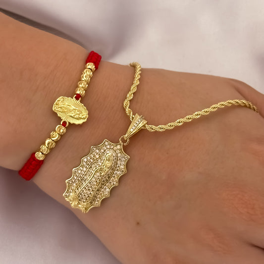 Cadena Tejido Lazo Siciliano de 45cm de 3mm + Virgen de Guadalupe Talla con  Micro Circones  Cristales + Pulsera Hilo Rojo Virgen de Guadalupe Tallada Balin Italiano en Oro Laminado 18k con Garantia de por vida