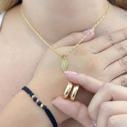 Cadena Tejido Singapur de Dama de 45cm + Alar con Circones Verde Esmeralda + Pulseras de 3 Oros Italiano + Candongas Tubular en Oro Laminado 18k con Garantia de por vida