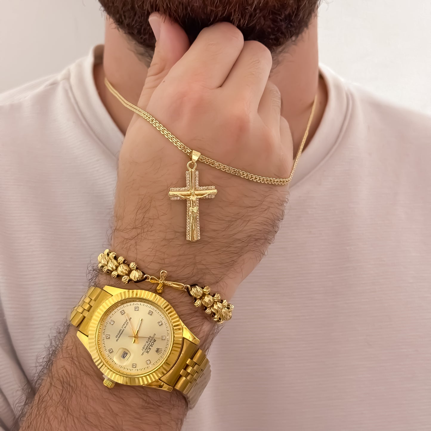 Cadena Tejido Chino de Hombre de 60cm de 3mm + Cruz Cristo Madero + Pulsera Cruz Doble Carril Balin Italiano de 6mm + Reloj Rolex 1.1 en Oro Laminado 18k con Garantia de por vida