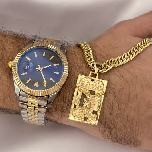 Cadena Tejido Cubana Cruzada Gruesa de 60cm de 5mm de Grosor + Placa Cristo Madero + Reloj Rolex de Hombre Bicolor en Oro Laminado 18k con Garantía de por vida