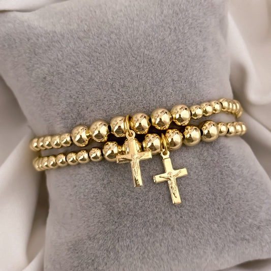 Promoción 2 Pulseras Full Balines de 4mm-6mm con Dije de Cruz Mini Cristo Madero en Oro Laminado 18k con Garantía de por vida