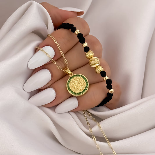 Cadena Tejido Crispeta de Dama de 45cm + San Benito Protección Verde Esmeralda + Pulsera Tejida en Balin Italiano en Oro Laminado 18k con Garantia de por vida