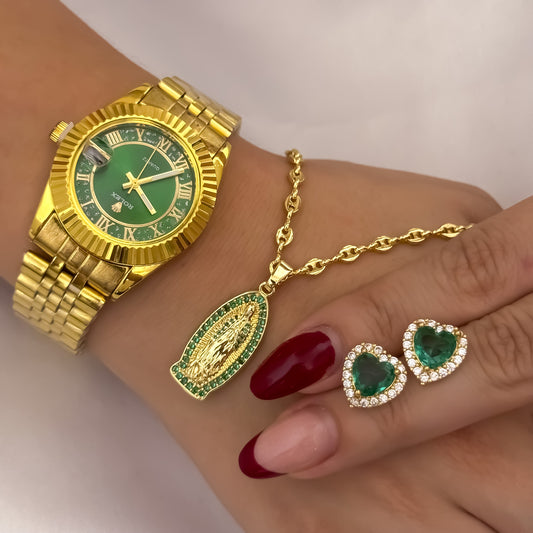 Cadena Tejido Gucci de Dama de 45cm de 3mm + Virgen de Guadalupe con Micro circones Verde Esmeralda + Topos Corazon Verde Esmeralda + Reloj Rolex de Dama en Oro Laminado 18k con Garantia de por vida