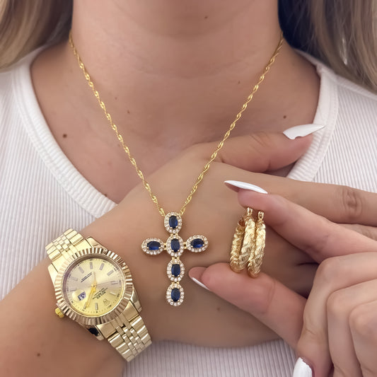 Cadena Tejido Singapur de Dama de 45cm + Cruz con Micro Circones de Colores Azul + Candongas Melcochas + Reloj Rolex de Dama en Oro Laminado 18k con Garantia de por vida
