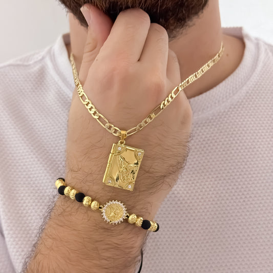 Cadena Tejido Catier de hombre de 60cm de 5mm + San Miguel Arcangel en Relicario + Pulsera Herraje san Miguel en Pulsera Italiano de 6mm en Oro Laminado 18k con Garantia de por vida