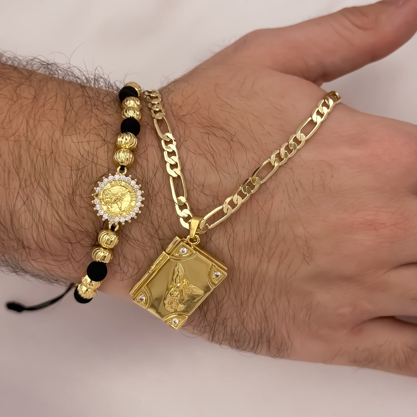 Cadena Tejido Catier de hombre de 60cm de 5mm + San Miguel Arcangel en Relicario + Pulsera Herraje san Miguel en Pulsera Italiano de 6mm en Oro Laminado 18k con Garantia de por vida