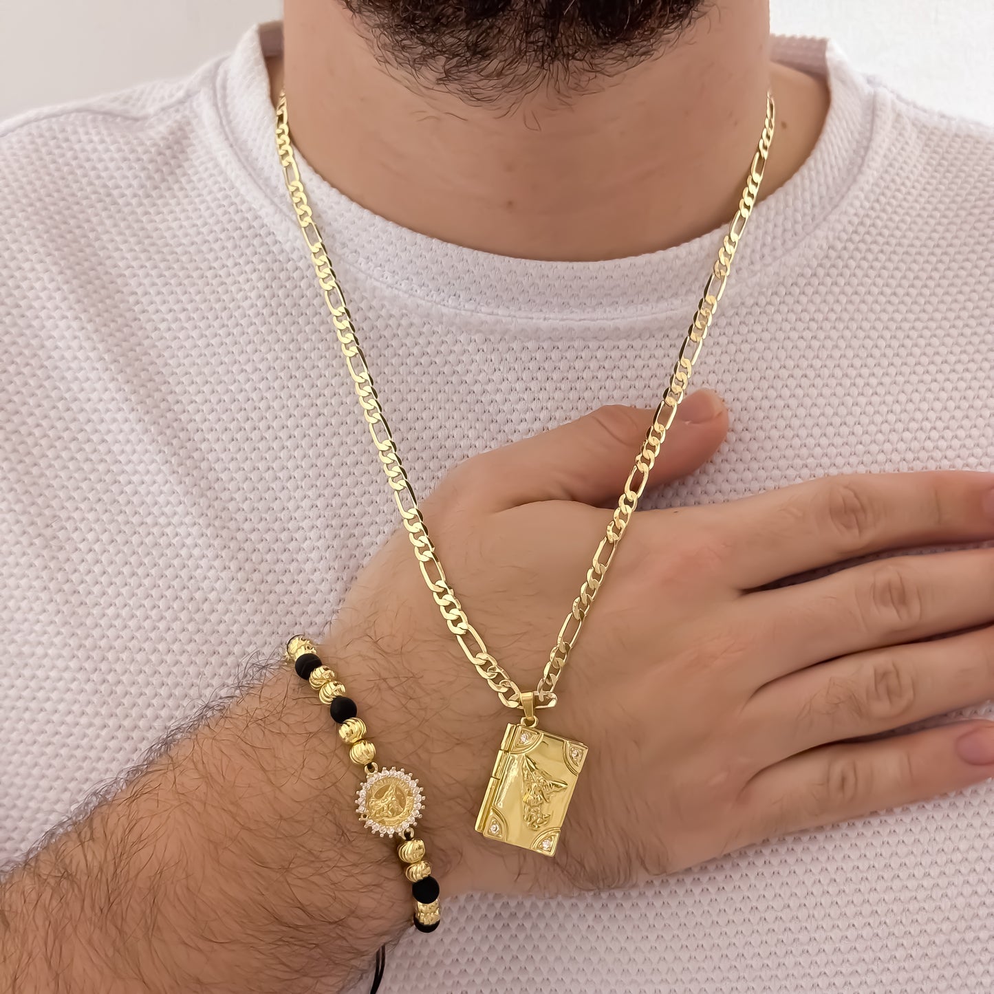 Cadena Tejido Catier de hombre de 60cm de 5mm + San Miguel Arcangel en Relicario + Pulsera Herraje san Miguel en Pulsera Italiano de 6mm en Oro Laminado 18k con Garantia de por vida