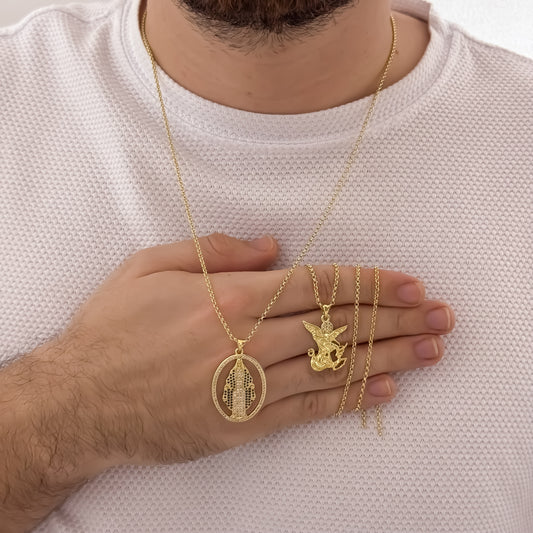 Promocion de Amor y Amistad Cadenas para Parejas de Hombre 60cm y Dama 45cm con Dije de San Miguel Arcángel + Virgen de Carmen  en Oro Laminado 18k con Garantia de por vida