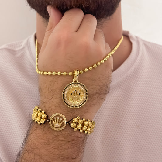 Cadena Tejido Militar  de Hombre de 60cm de 4mm + Corona Rolex Verde Esmeralda + Pulsera Rolex 3 Carril Balin Italiano de 5mm en Oro Laminado 18k con Garantia de por vida