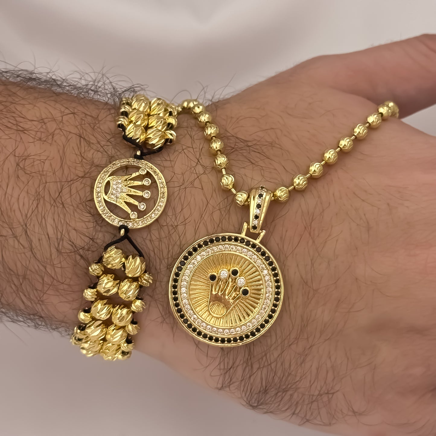 Cadena Tejido Militar  de Hombre de 60cm de 4mm + Corona Rolex Verde Esmeralda + Pulsera Rolex 3 Carril Balin Italiano de 5mm en Oro Laminado 18k con Garantia de por vida