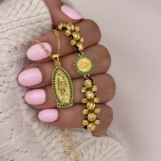 Cadena Tejido Crispeta de 45cm + Virgen de Guadalupe con Micro Circones Verde + Pulsera Virgen de Guadalupe de Tres Carriles en Balin Italiano en Oro Laminado 18k con Garantia de por vida