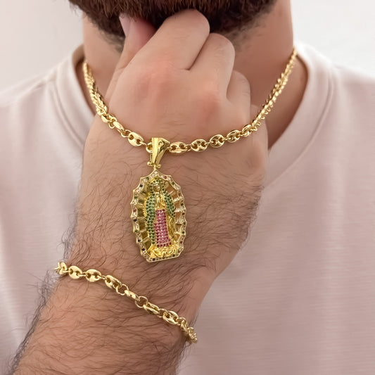 Conjunto Tejido Gucci de Hombre  y Dama de 60cm de 5mm + Virgen de Guadalupe de Colores Micro Circones Cristales + Pulsera Gucci de 20cm de 5mm en Oro Laminado 18k con Garantia de por vida