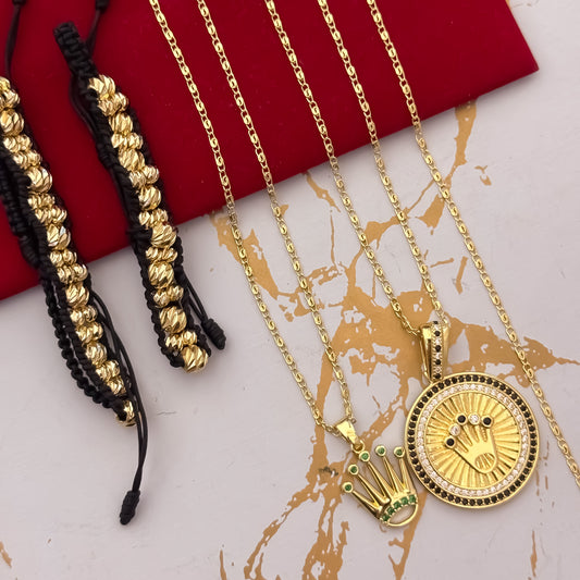 Promocion de Cadenas para Parejas en Tejido Caracol Para Dama y Caballero + Dije de Corona Rolex + Pulseras Doble Carril en Balin italiano en Oro Laminado 18k con Garantía de por vida