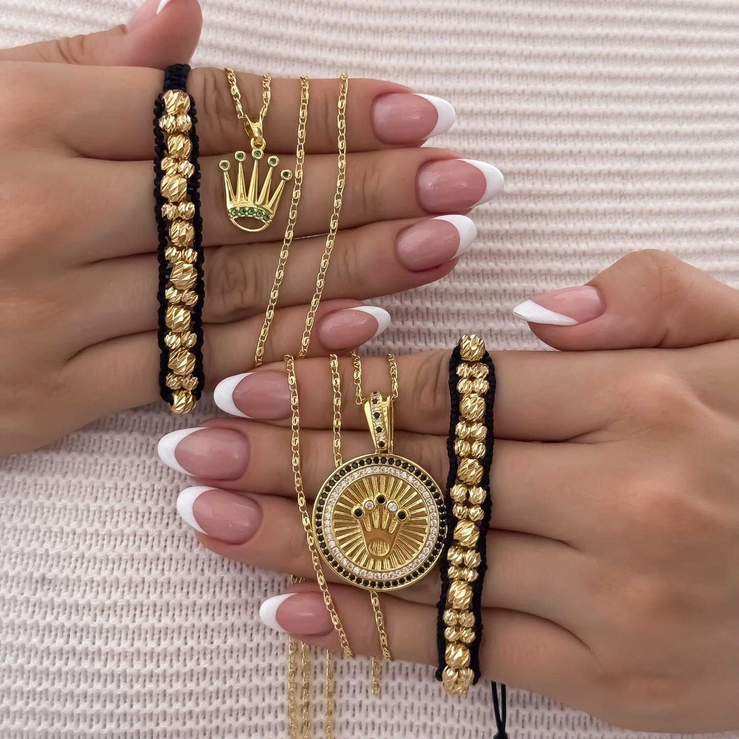 Promocion de Cadenas para Parejas en Tejido Caracol Para Dama y Caballero + Dije de Corona Rolex + Pulseras Doble Carril en Balin italiano en Oro Laminado 18k con Garantía de por vida