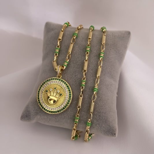 Cadena Tejido Rustica de Hombre de 60cm de 4mm con Cauchos Verde  + Corona Rolex con Micro Circones Verde Esmeralda