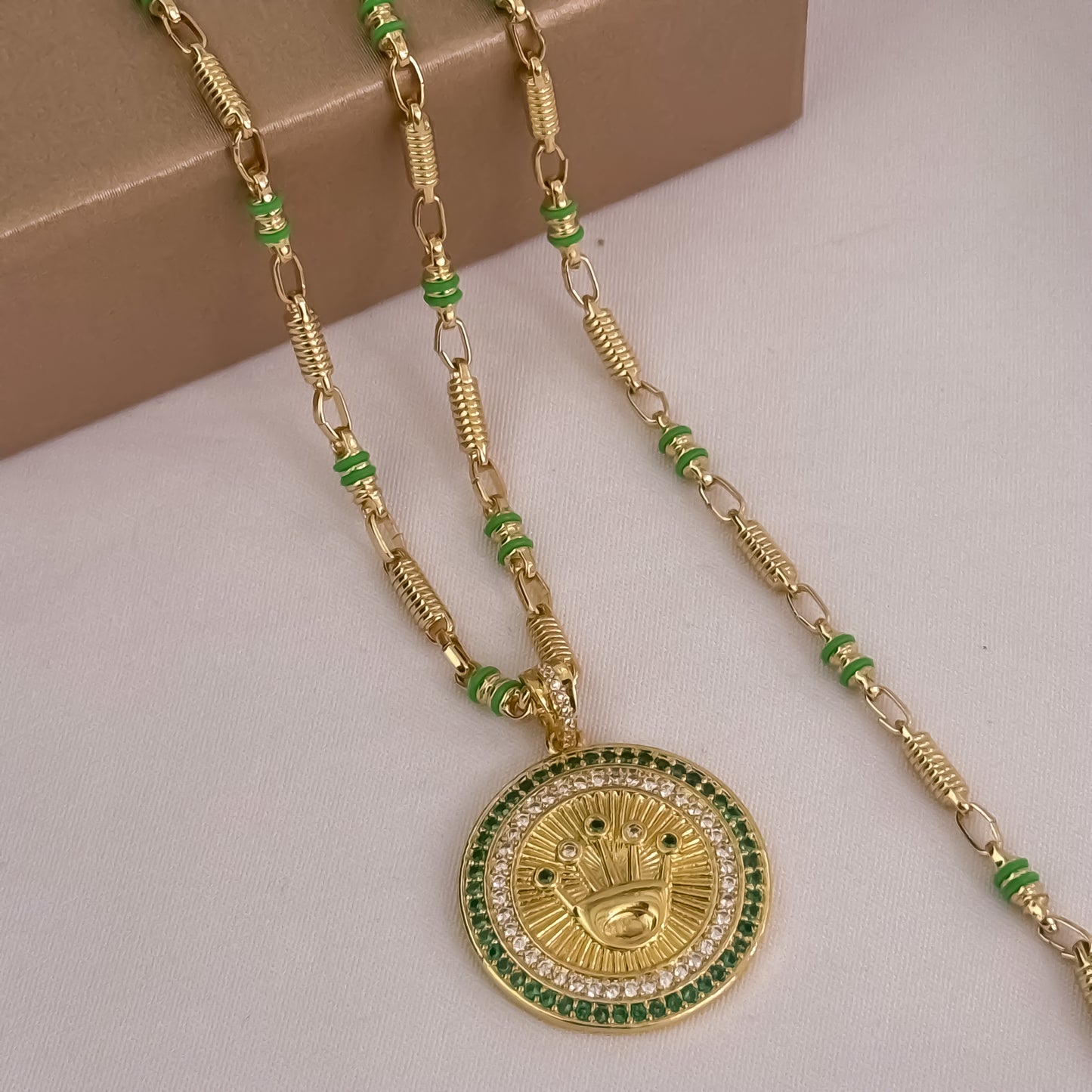 Cadena Tejido Rustica de Hombre de 60cm de 4mm con Cauchos Verde  + Corona Rolex con Micro Circones Verde Esmeralda