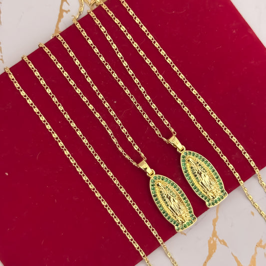 Promoción de 2  Cadenas para Parejas en Tejido de Aros de Hombre de 60cm + Cadena de Dama de 45cm + Virgen de Guadalupe con Micro Circones verde Esmeralda en Oro Laminado 18k con Garantia de por vdia