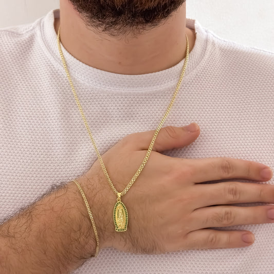 Conjunto Tejido Chino de Hombre Cadena de 60cm de 3mm + Virgen de Guadalupe con Micro Circones  Verde + Pulsera Tejido Chino de 20cm 3mm en Oro Laminado 18k con Garantia de por vida