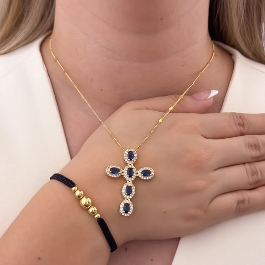 Cadena Tejido Cubana de Dama de 45cm + Cruz con Micro Circon Azul + Cristales + Pulseras Balines de 5m 6mm en Oro Laminado 18k con Garantía de por vida