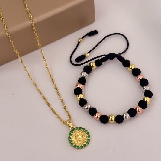 Cadena Tejido Singapur de Dama de 45cm de 2mm + FE Micro Circones Verde Esmeralda + Pulseras Lisa de 3 ORO en Balin Liso de 6mm en Oro Laminado 18k con Garantia de por vida