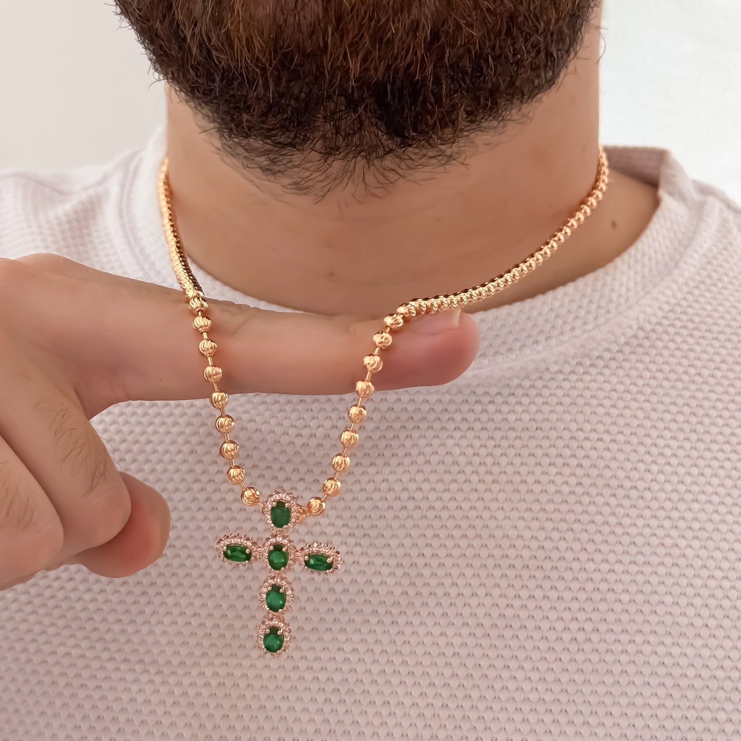 Cadena Tejido Militar Diamantada en Oro Rosa de 60cm de 4mm + Cruz Oro Rosa con Micro circones Verde Esmeralda