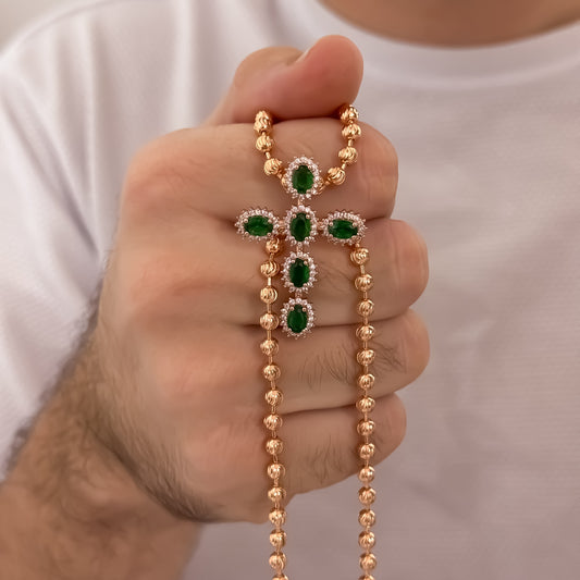 Cadena Tejido Militar Diamantada en Oro Rosa de 60cm de 4mm + Cruz Oro Rosa con Micro circones Verde Esmeralda