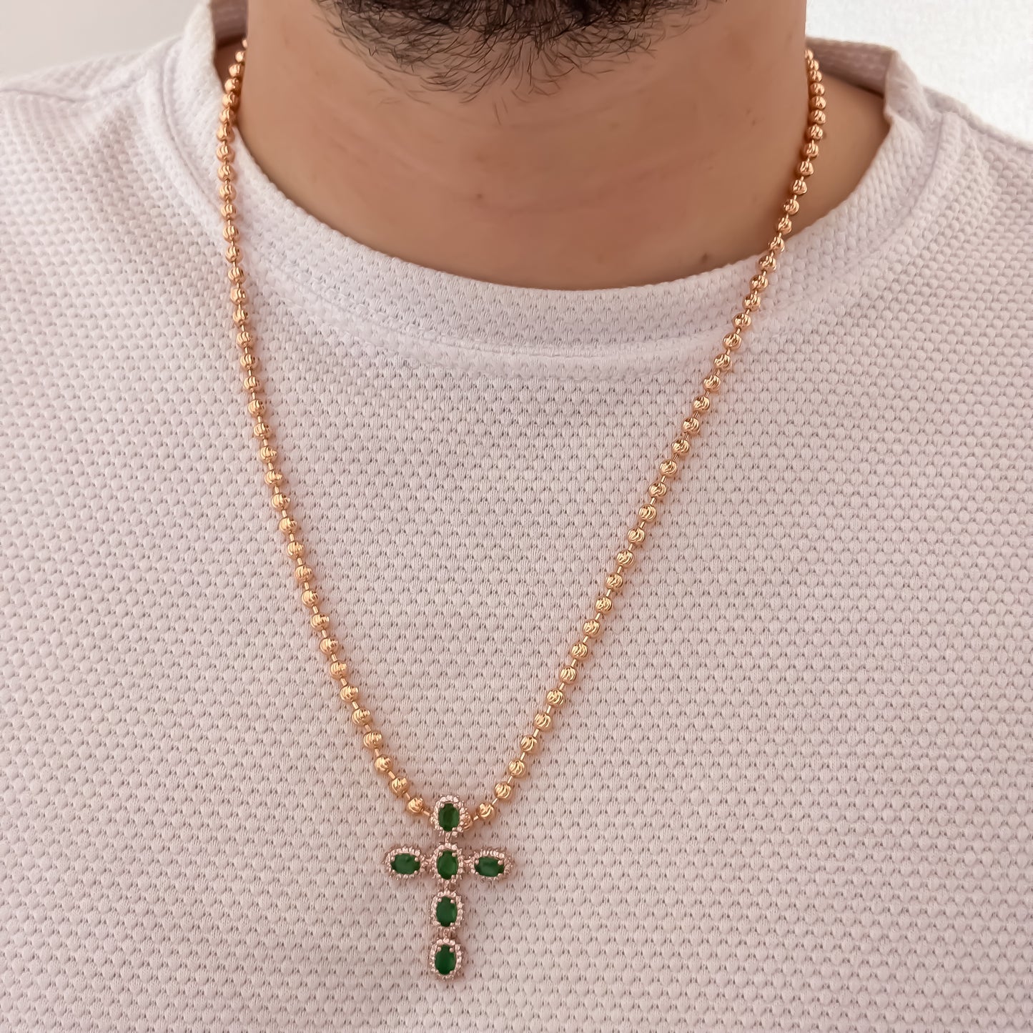 Cadena Tejido Militar Diamantada en Oro Rosa de 60cm de 4mm + Cruz Oro Rosa con Micro circones Verde Esmeralda