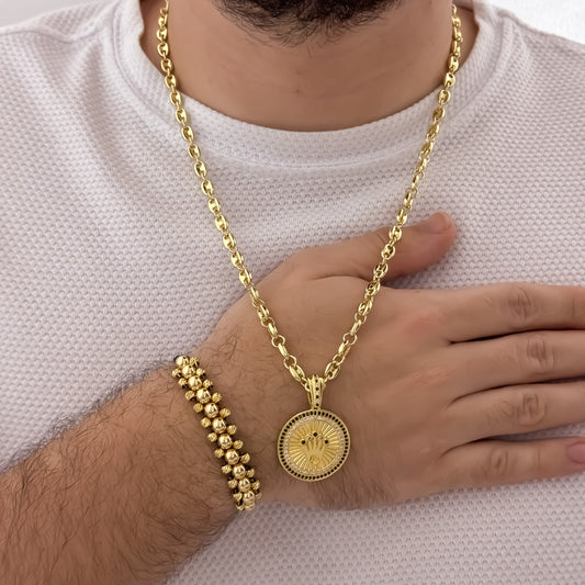 Cadena Tejido Gucci de Hombre de 60cm de 5mm + Corona Rolex con Micro Circones + Pulsera 3 Carriles en Balin Liso & Italiano en Oro Laminado 18k con Garantia de por vida
